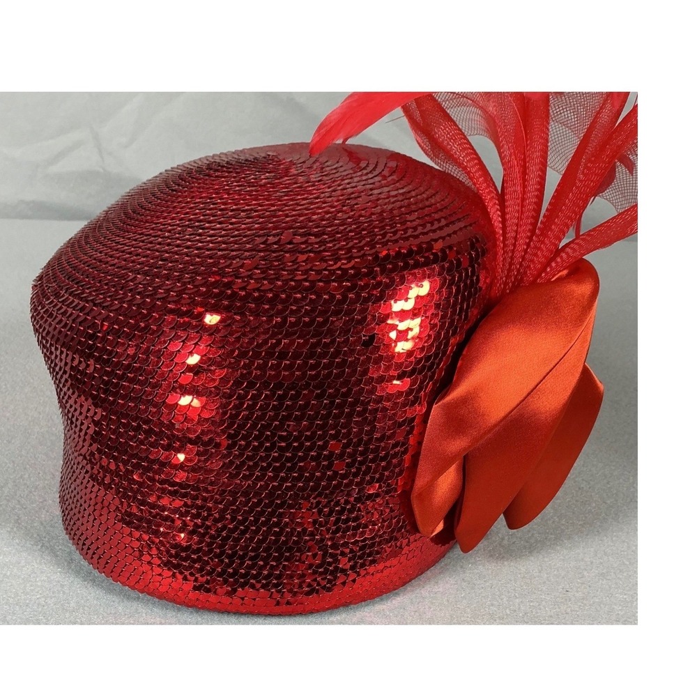 Vintage Style Red Sequin Pillbox Hat with Satin Rosette Mesh Bow and Feathers